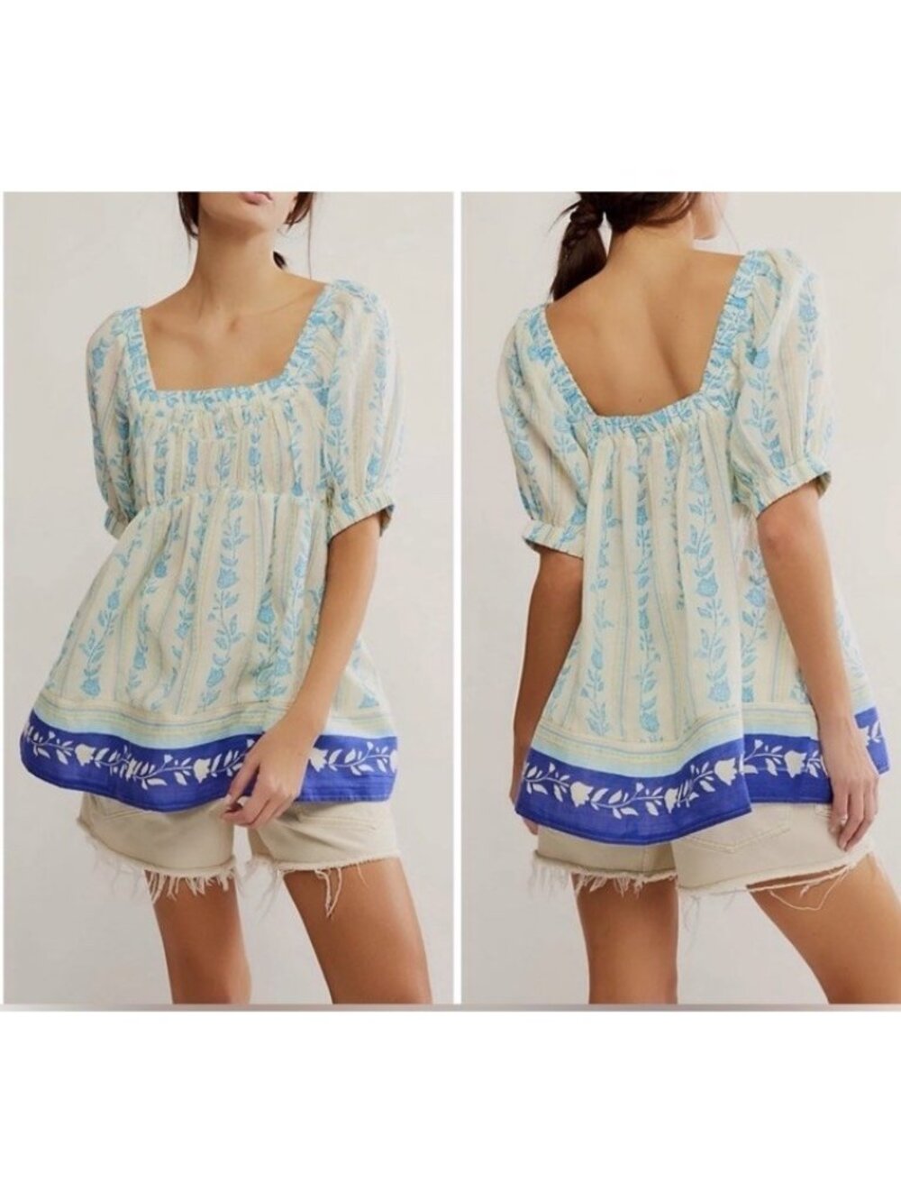 NEW Free People Santorini Printed Tunic Top Relaxed Size Small Blue Breezy Boho
